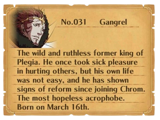 The wild and ruthless former king of Plegia. He once took sick pleasure in hurting others, but his own life was not easy, and he has shown signs of reform since joining Chrom. The most hopeless acrophobe. Born on March 16th.